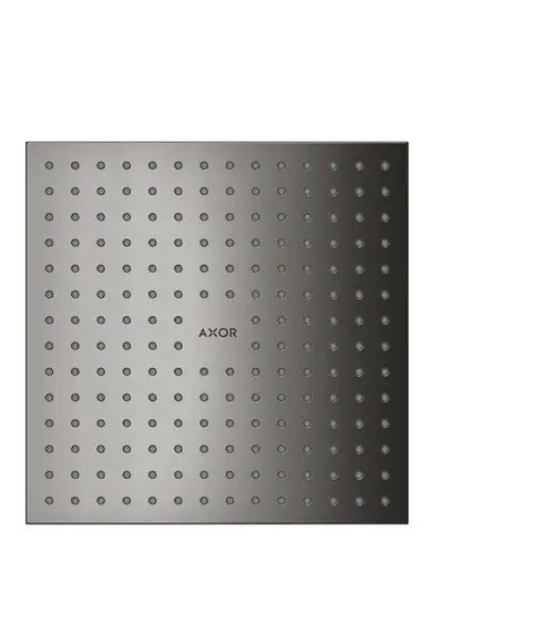 Kopfbrause mit quadratischer Fläche und gleichmäßig verteilten Düsen. Oberfläche in Polished Black Chrome, Markenname AXOR deutlich sichtbar.